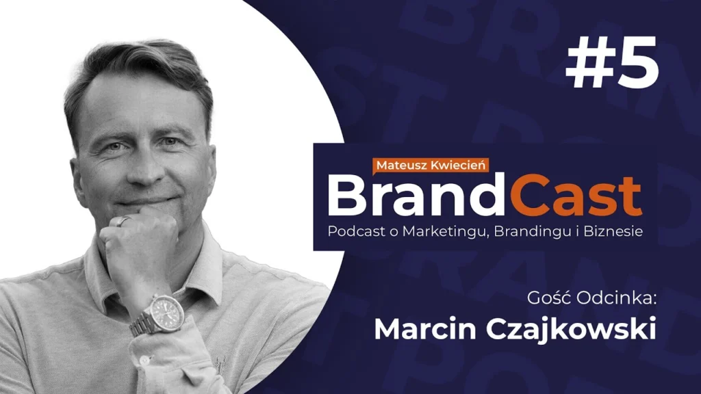 Grafika promująca piąty odcinek podcastu BrandCast z Marcinem Czajkowskim o zarządzaniu projektami oznakowania, rebrandingu, reklamie zewnętrznej i współpracy z międzynarodowymi markami.