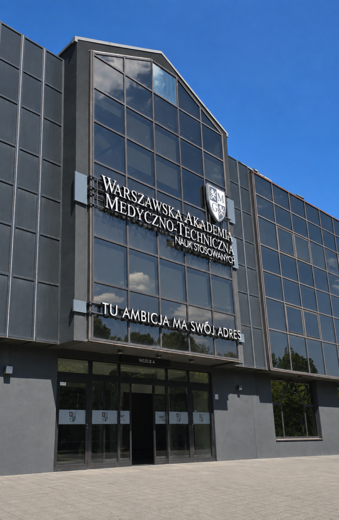 Metalowe litery na szklanej elewacji Warszawskiej Akademii Medyczno-Technicznej Nauk Stosowanych w Warszawie